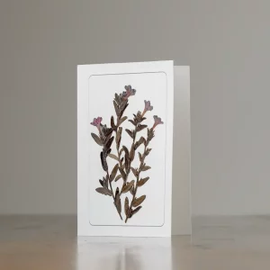 Tarjeta vertical de flores prensadas en una superficie de madera, luz suave y ambiente natural.