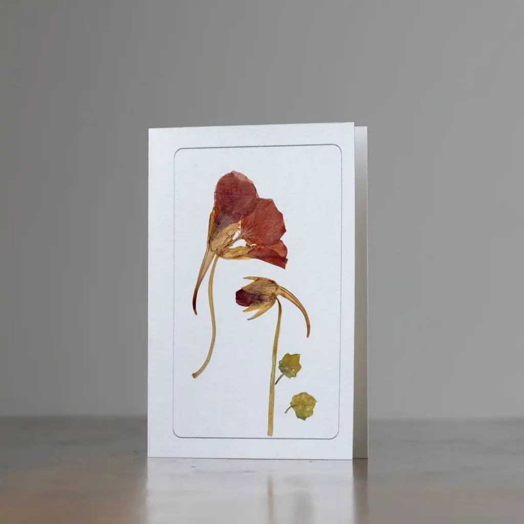 Tarjeta con flores secas sobre mesa de madera clara, en escena iluminada de forma natural.