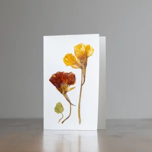 Tarjeta con diseño botánico artesanal, fotografiada con fondo neutro