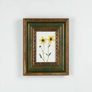 Vista frontal del cuadro con flores prensadas de Té de la huerta sobre pared blanca.